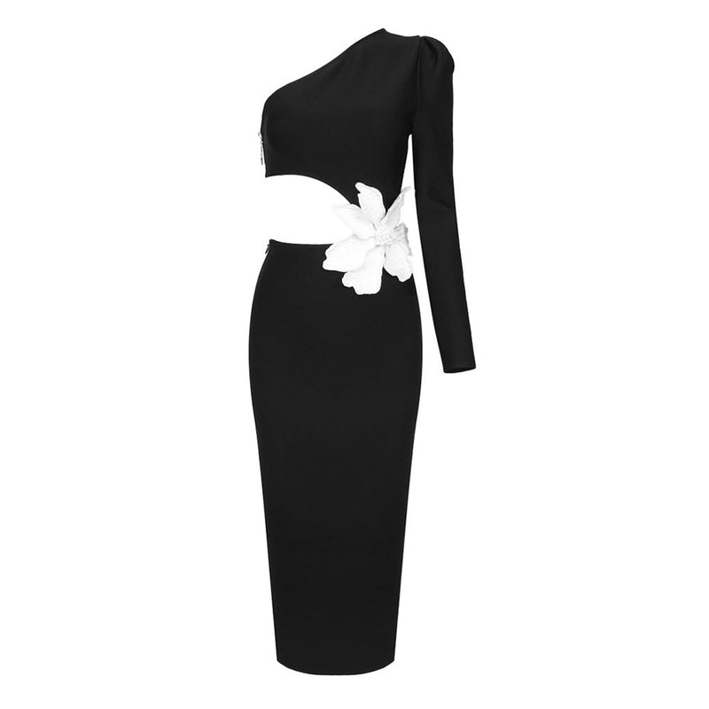 Opulent Pearl Flower One Shoulder Cut Out Waist Winter Midi Cocktail Dress