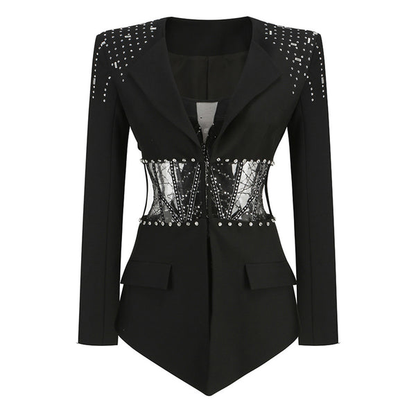 Opulent Rhinestone Cutout Blazer Bustier Sheer Sequin Romper Matching Set