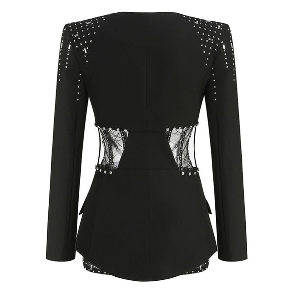 Opulent Rhinestone Cutout Blazer Bustier Sheer Sequin Romper Matching Set