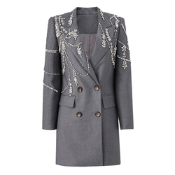 Opulent Rhinestone Embellished Lapel Double Breasted Long Tailor Blazer