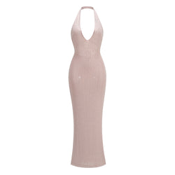 Opulent Rhinestone Plunge Halter Lace Up Backless Sheer Mesh Maxi Dress