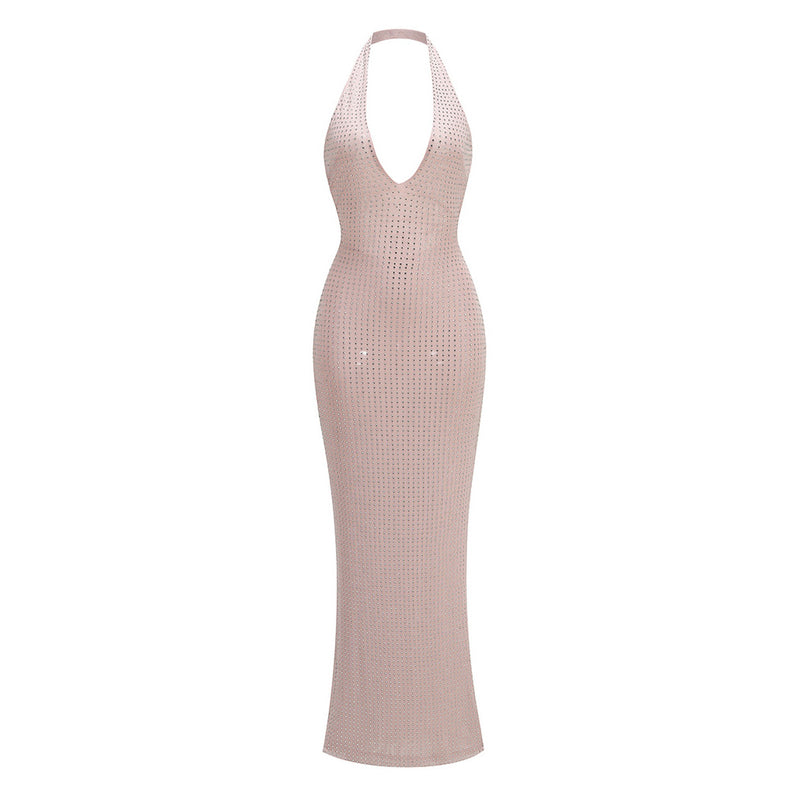 Opulent Rhinestone Plunge Halter Lace Up Backless Sheer Mesh Maxi Dress