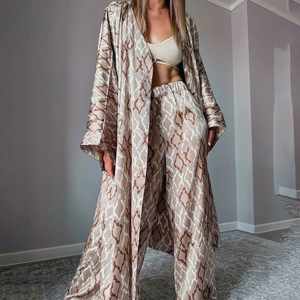 Opulent Satin Printed Belted Wrap Long Robe High Waist Lounge Set