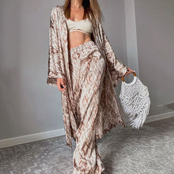 Opulent Satin Printed Belted Wrap Long Robe High Waist Lounge Set