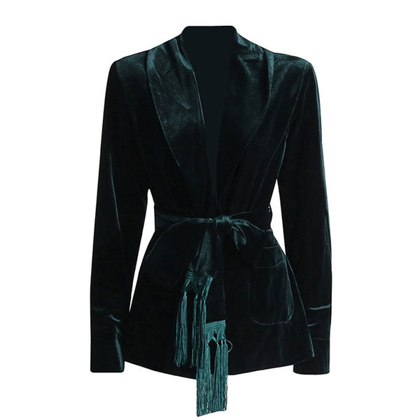 Opulent Shawl Neck Shoulder Pad Long Sleeve Belted Velvet Wrap Blazer