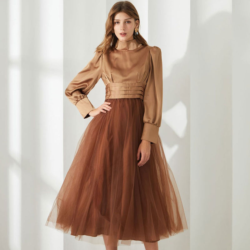 Opulent Two Tone Mock Neck Pleated High Waist Puff Sleeve Midi Dress