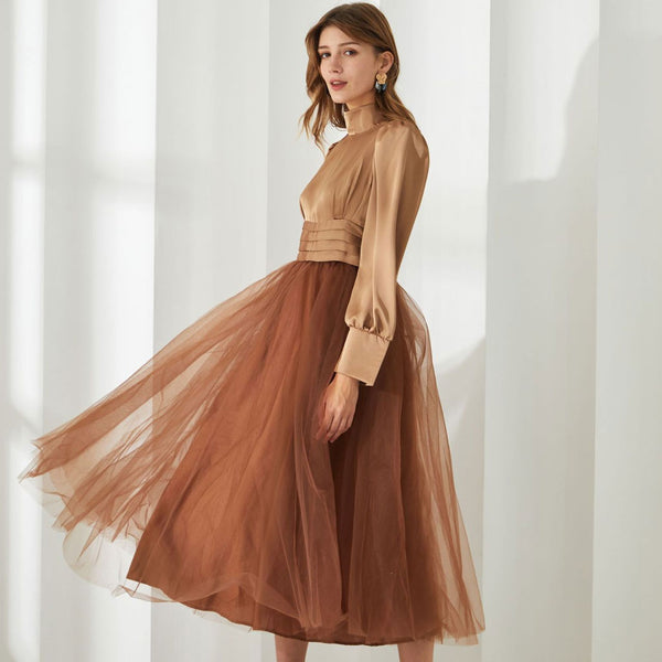 Opulent Two Tone Mock Neck Pleated High Waist Puff Sleeve Midi Dress