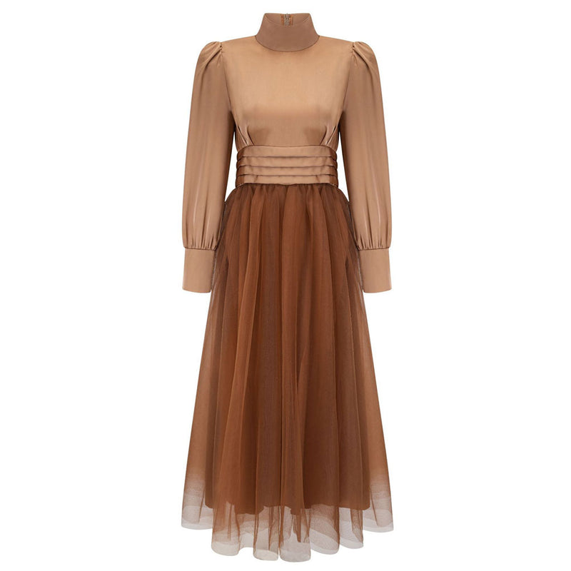 Opulent Two Tone Mock Neck Pleated High Waist Puff Sleeve Midi Dress