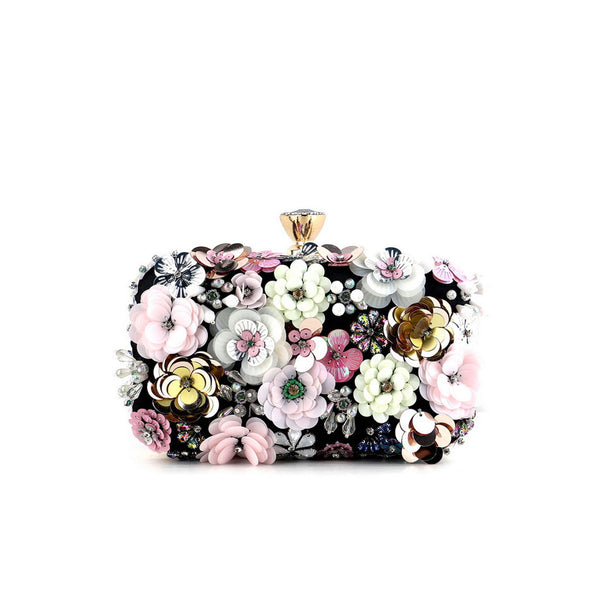 Ornate Sequined Flower Rhinestone Embellished Metal Handle Satin Party Clutch