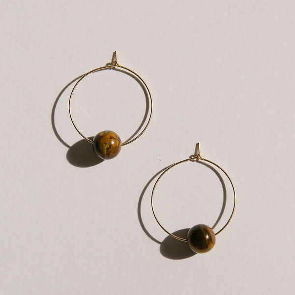 Oversized 18K Gold Plated Ring Tigers Eye Beaded Hoop Earrings