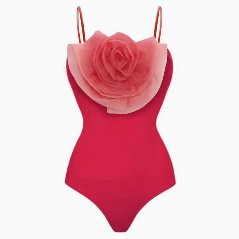 Oversized 3D Rosette Applique Moderate Spaghetti String One Piece Swimsuit