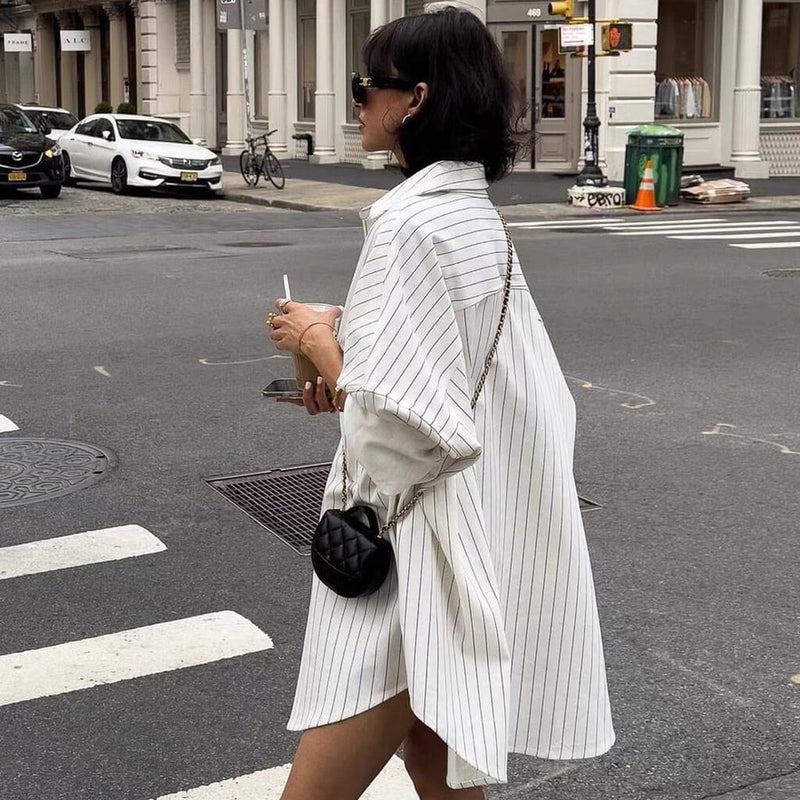 Oversized Black and White Stripe Cargo Pocket Cotton Blend Button Down Shirt