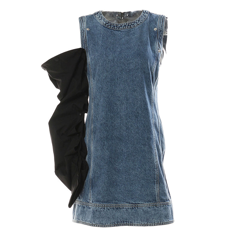 Oversized Detachable Puff Sleeve Crew Neck Faded Effect Hybrid Denim Mini Dress