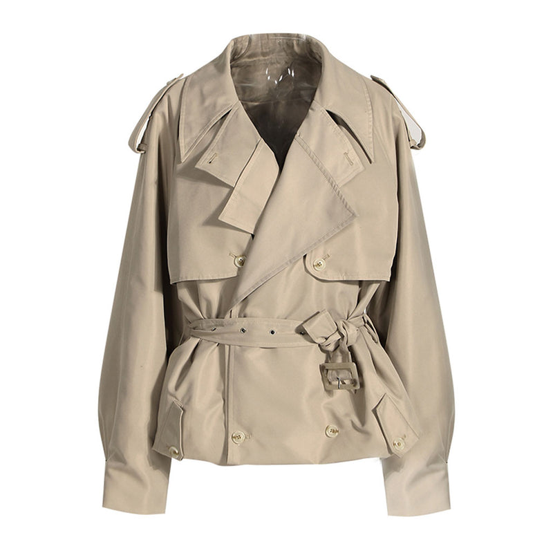 Oversized Folded Lapel Double Breasted Belted Cotton Twill Short Trench Coat