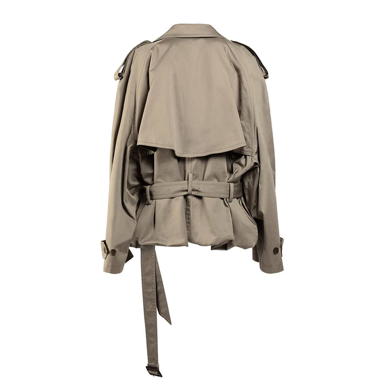 Oversized Folded Lapel Double Breasted Belted Cotton Twill Short Trench Coat