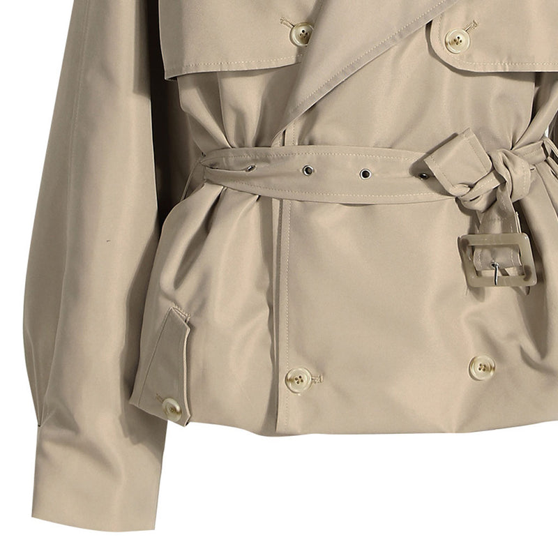 Oversized Folded Lapel Double Breasted Belted Cotton Twill Short Trench Coat