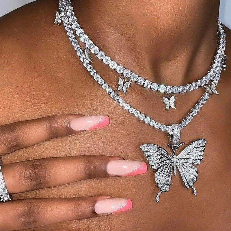 Oversized Pendant Paved Butterfly Stackable Crystal Tennis Necklace