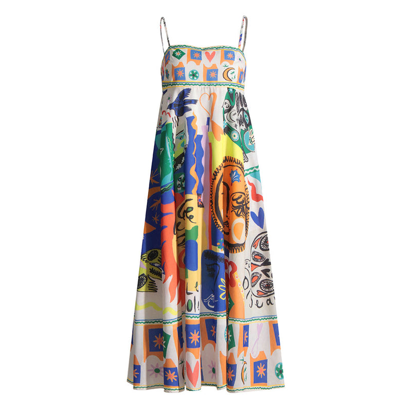 Playful Boho Printed Spaghetti Strap Smocked Back Babydoll Midi Sundress