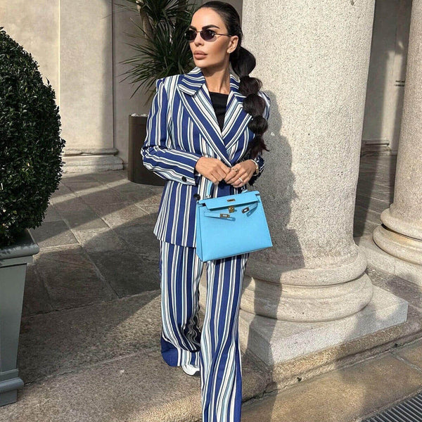 Powerful Contrast Striped Flare Suit Pant Double Breasted Blazer Matching Set