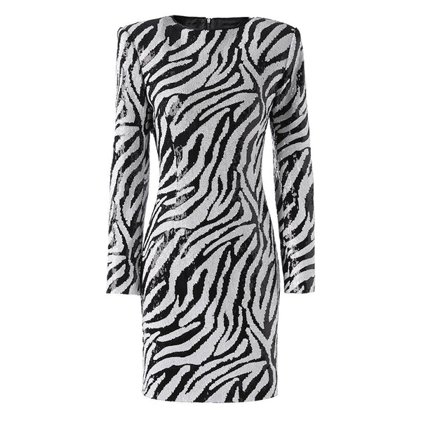 Powerful Crew Neck Strong Shoulder Long Sleeve Zebra Sequin Mini Party Dress