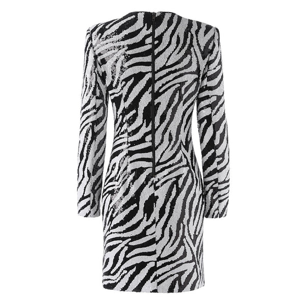 Powerful Crew Neck Strong Shoulder Long Sleeve Zebra Sequin Mini Party Dress