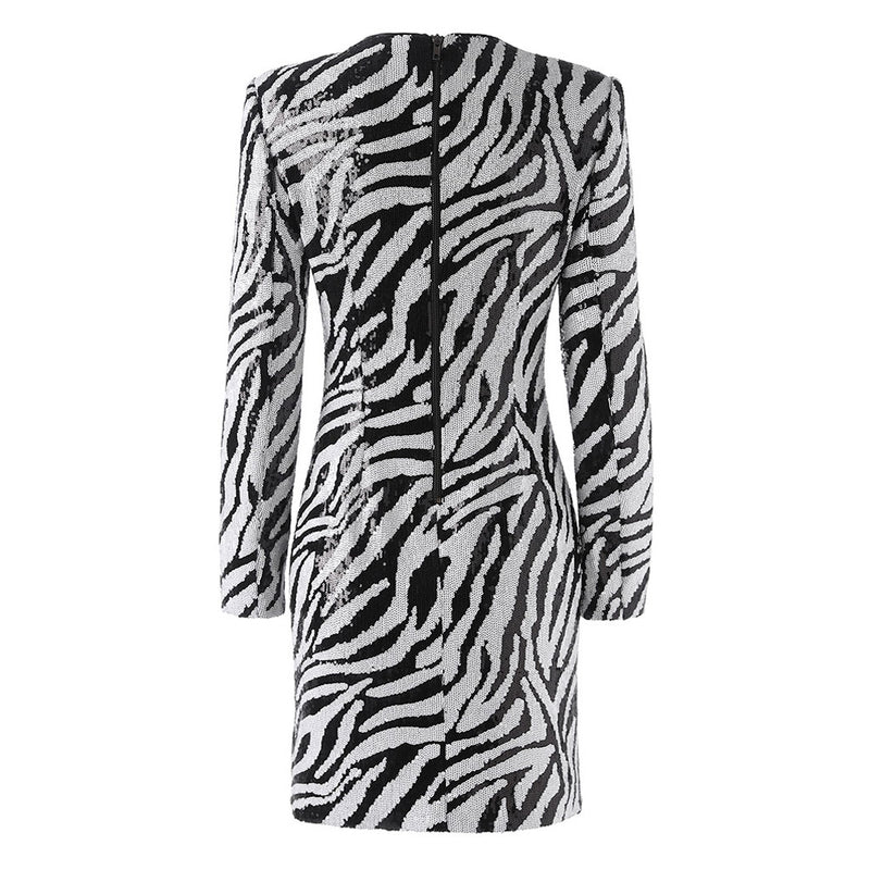 Powerful Crew Neck Strong Shoulder Long Sleeve Zebra Sequin Mini Party Dress