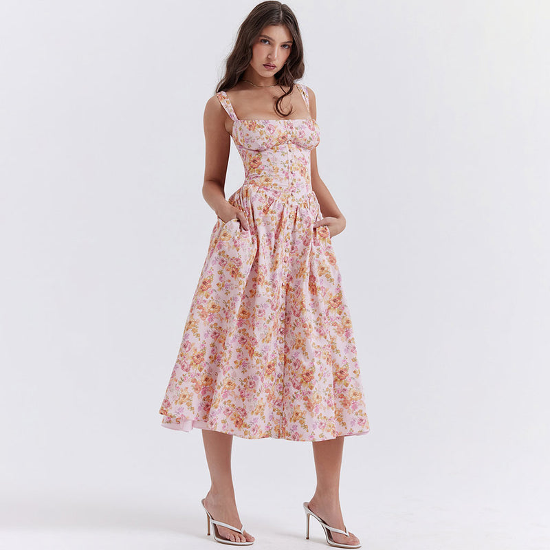 Prairie Printed Square Neck Button Detail Drop Waist Lace Up Back Midi Floral Sundress