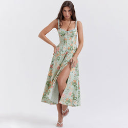 Prairie Printed Tie Neck Bustier Ruched Strap Fit and Flare Split Midi Floral Sundress