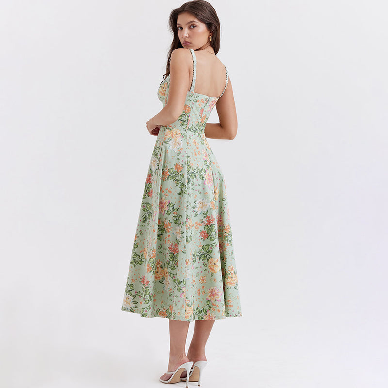 Prairie Printed Tie Neck Bustier Ruched Strap Fit and Flare Split Midi Floral Sundress