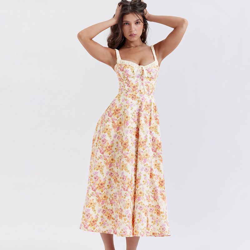 Prairie Printed Tie Neck Bustier Ruched Strap Fit and Flare Split Midi Floral Sundress