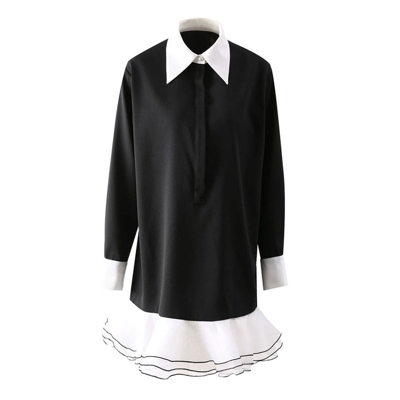 Preppy Color Block Collar Button Up Organza Ruffle Mermaid Crepe Mini Shirt Dress