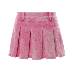 Preppy Pink Washed Low Rise Flared Pleated Denim Micro Mini Skirt