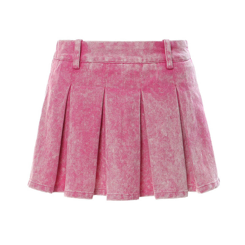 Preppy Pink Washed Low Rise Flared Pleated Denim Micro Mini Skirt