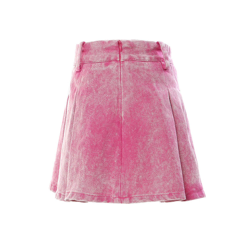 Preppy Pink Washed Low Rise Flared Pleated Denim Micro Mini Skirt