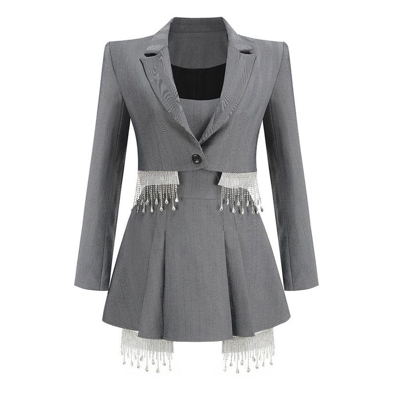 Preppy Rhinestone Fringe Tube Mini Dress Crop Twill Blazer Matching Set