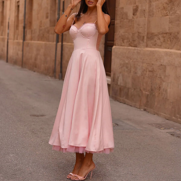 Princess Scalloped Lace Bustier Corset Layered Tulle Satin Midi Sundress