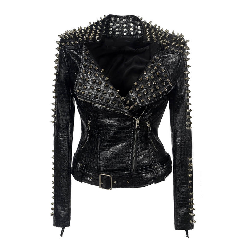 Metallic Spike Zip Up Long Sleeve Crocodile Embossed Vegan Leather Biker Jacket