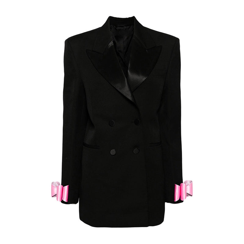 Opulent Hybrid Lapel Crystal Bow Long Sleeve Double Breasted Long Blazer