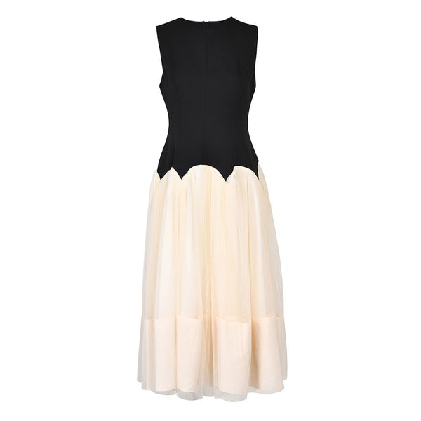 Puffy Crew Neck Contrast Petal Waist Crepe Panel Tulle Midi Sleeveless Dress