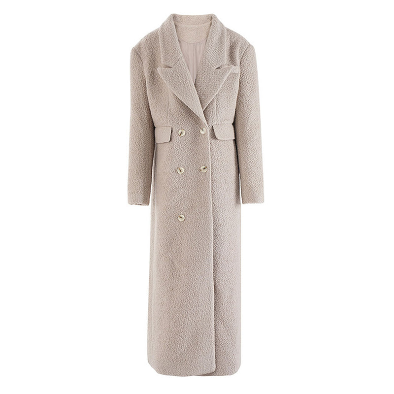 Quiet Luxury Lapel Double Breasted Strong Shoulder Long Boucle Woolen Coat