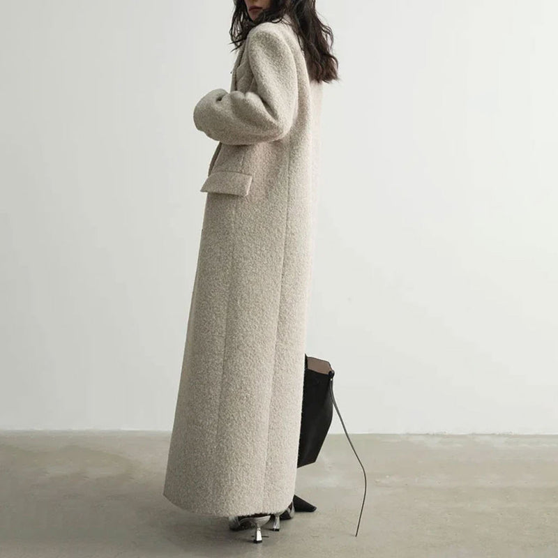 Quiet Luxury Lapel Double Breasted Strong Shoulder Long Boucle Woolen Coat