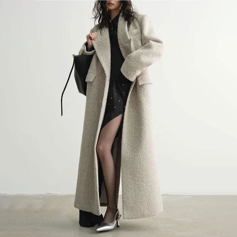 Quiet Luxury Lapel Double Breasted Strong Shoulder Long Boucle Woolen Coat