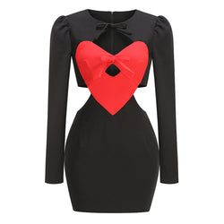 Rebellious Bow Tie Red Heart Cutout Puff Sleeve Bodycon Mini Party Dress