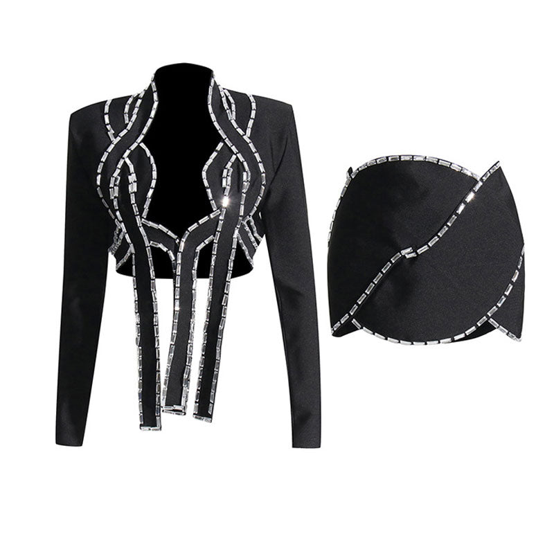 Rebellious Decorated Crystal Rope Low Waist Bodycon Cutout Crop Blazer Matching Set