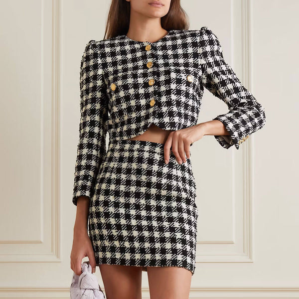 Refine Crewneck Golden Button Houndstooth Tweed Cropped Jacket Matching Set