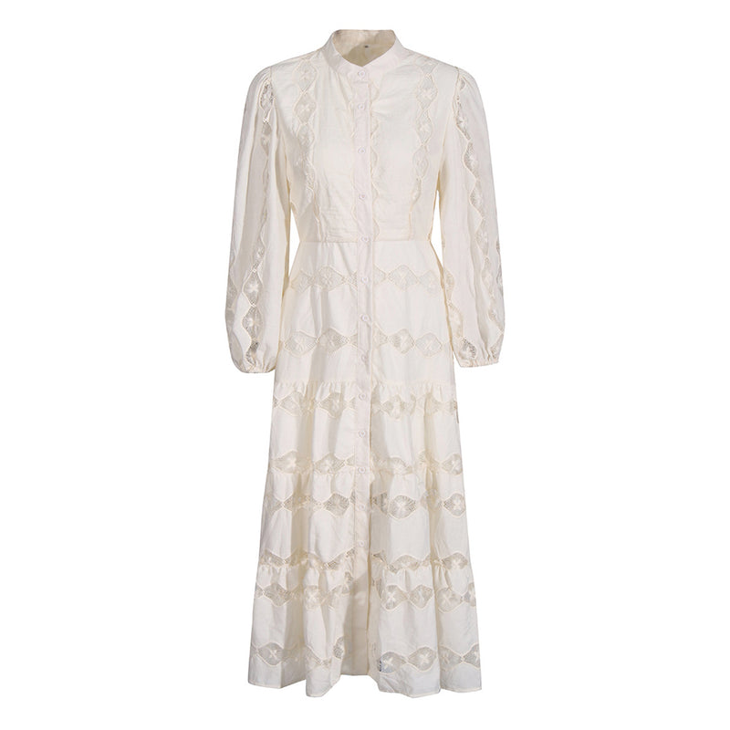 Regal High Neck Blouson Sleeve Button Down Floral Embroidered Midi Dress