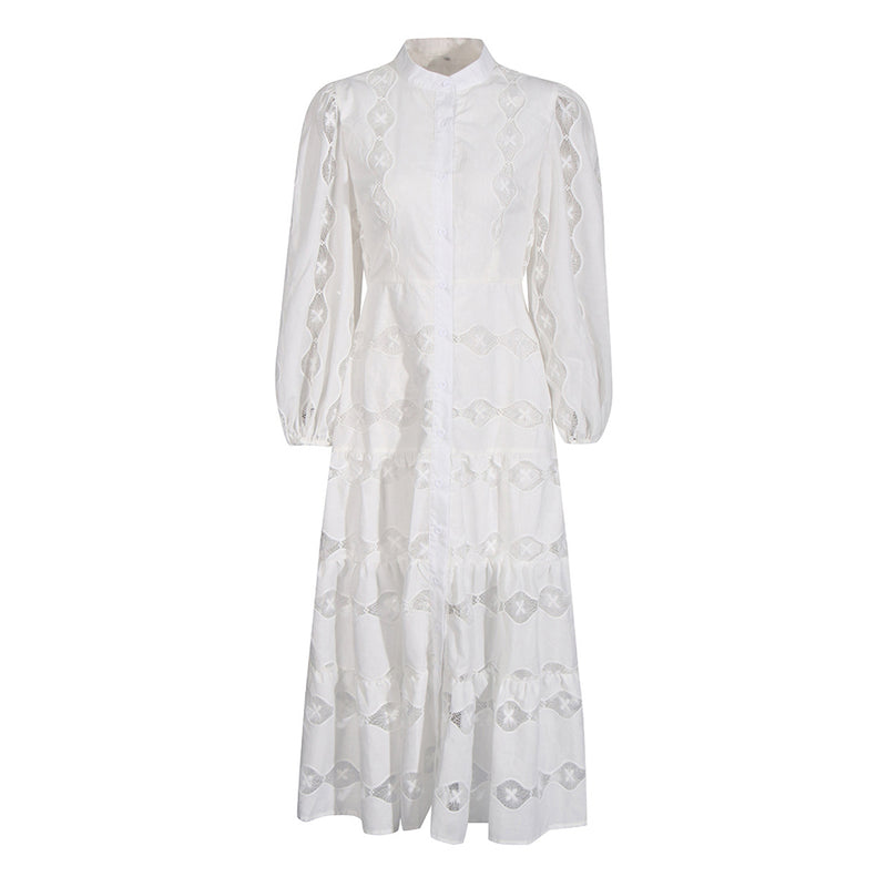 Regal High Neck Blouson Sleeve Button Down Floral Embroidered Midi Dress