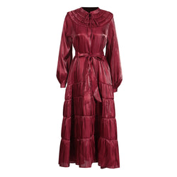 Regal Tie Neck Blouson Sleeve Ruched Belted Tiered Maxi Evening Dress