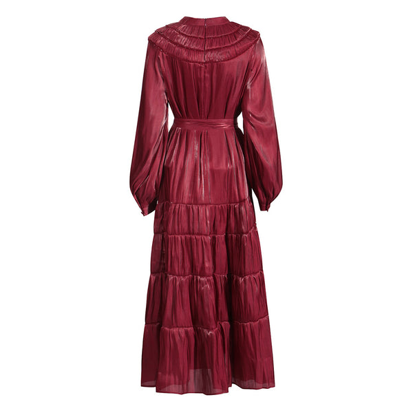 Regal Tie Neck Blouson Sleeve Ruched Belted Tiered Maxi Evening Dress