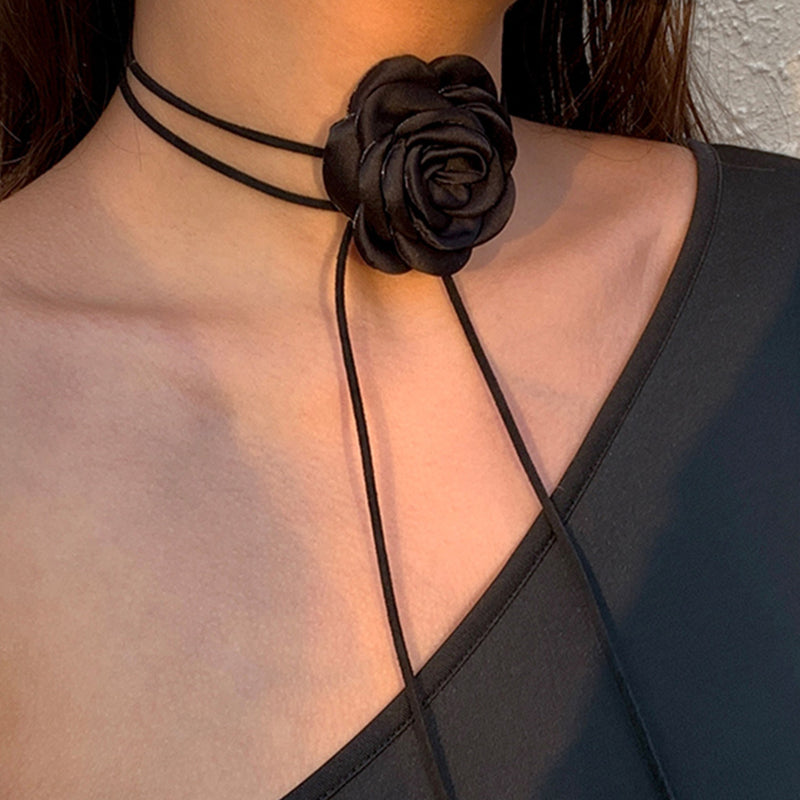 Retro Blossom Silky 3D Rosette Suede Cord Tie Wrap Choker Necklace